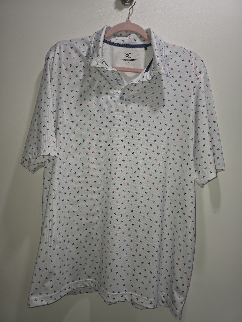 Johnston & Murphy Shirt Mens L Golf Polo Skulls Geometric White AOP XC4 Tech